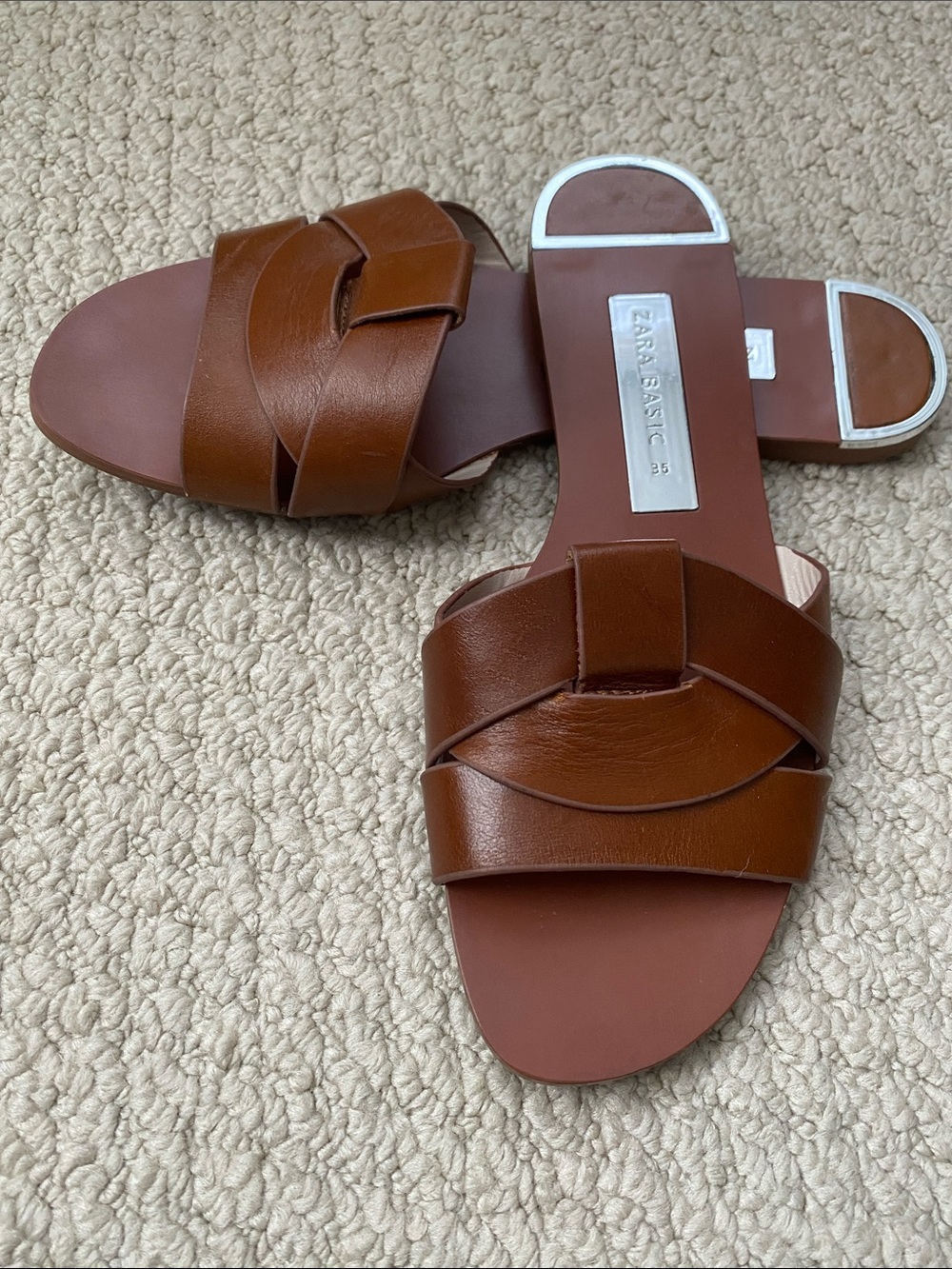 Zara Tan Brown Leather Slide Sandals with Braided Strap